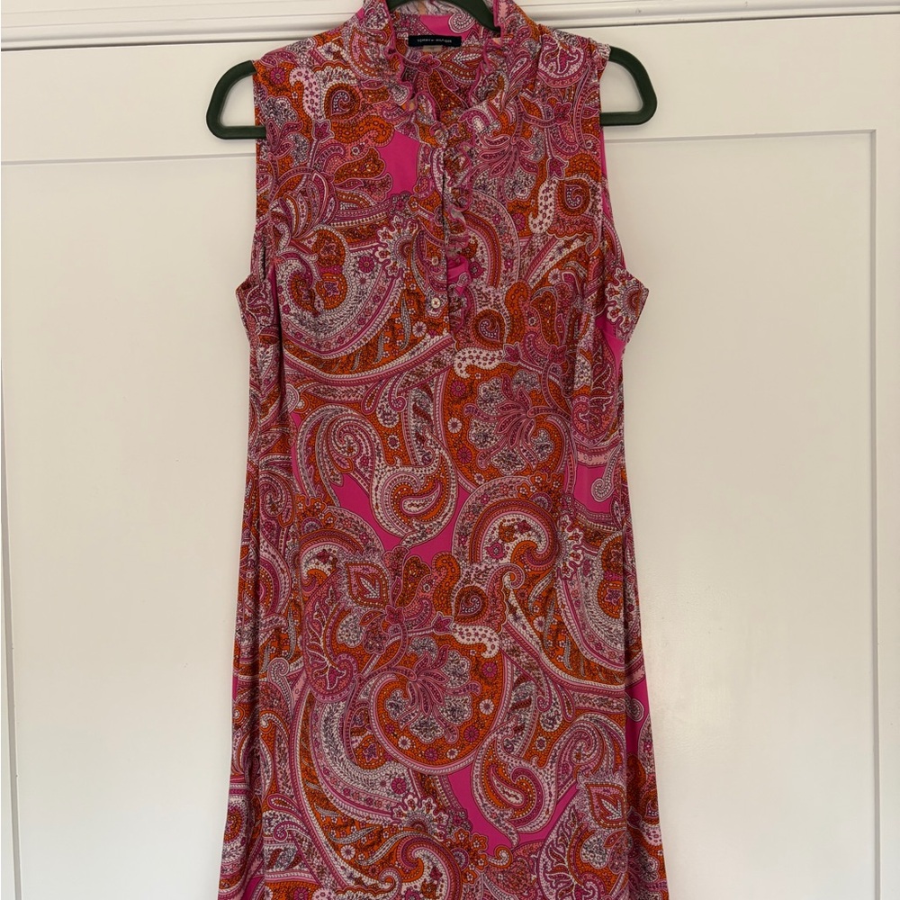 Tommy Hilfiger Pink Paisley Sleeveless Dress Size 12 Ruffle Neck Shift Mini
